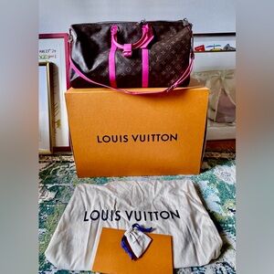 Louis Vuitton Brown Monogram Bag with Pink Accents Keepall Bandoulière 50